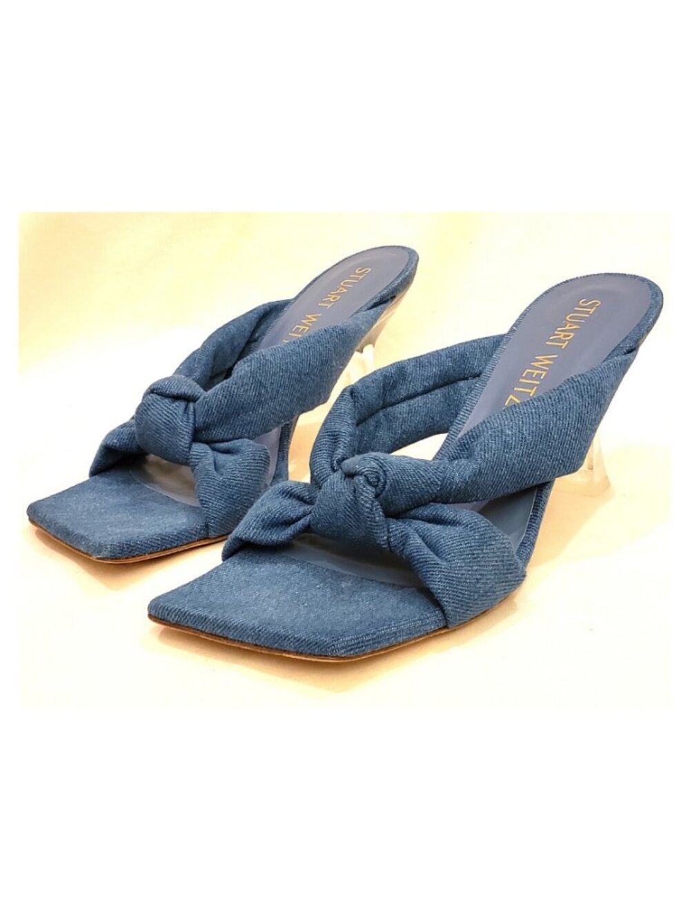 Stuart Weitzman Blue Denim Knot Mule Sandals Lucite Clear Heel Size 8.5 B